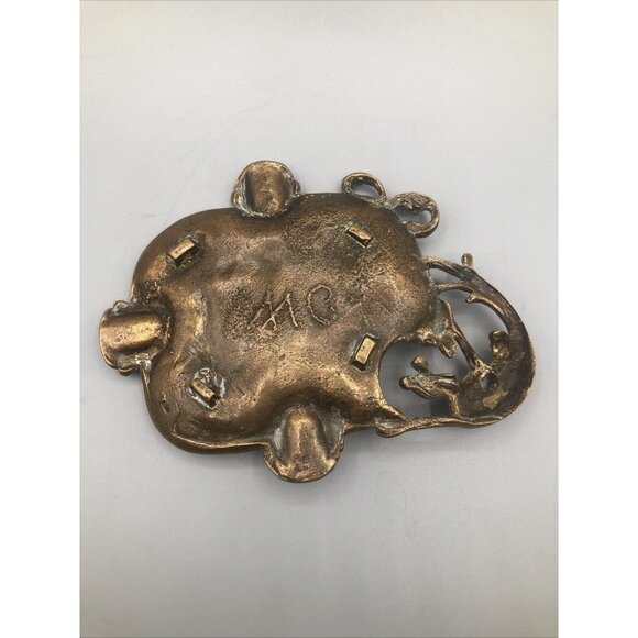 Antique Cast Brass Ornate Heavyweight Cigar Ashtray Dragon Girl Boy Signed MC - Picture 4 of 6